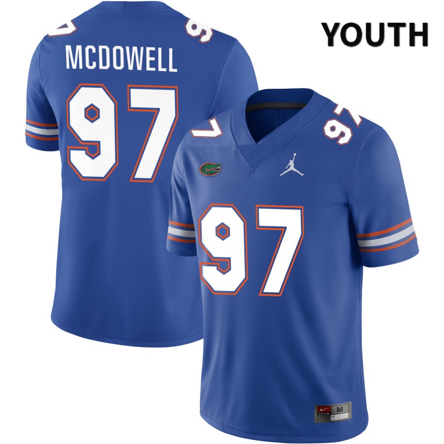 NCAA Florida Gators Griffin McDowell Youth #97 Jordan Brand Royal 2022 NIL Stitched Authentic College Football Jersey QFF3864OX